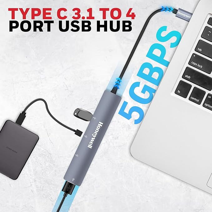 4in1 Ultra Slim Multiport Type C Hub to 1xUSB 3.0 & 3xUSB 2.0 Ports,30cms(1 feet) Cable,DataTransfer Speed Upto 5GBPS,Universally Compatible with All USB,PC,Speaker,Laptop
