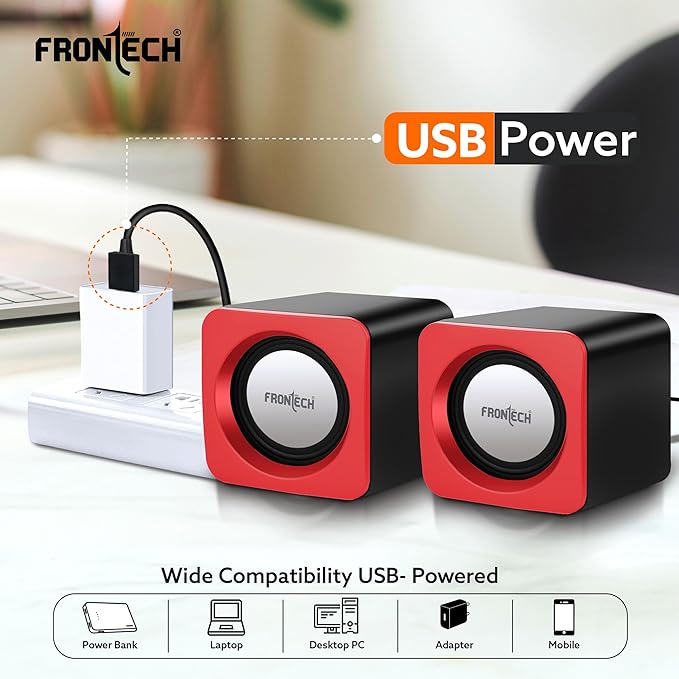 Premium 2.0 Channel USB Powered Speakers with 1.5W x 2 Output, AUX Input, and 1-Year Warranty (Red)
