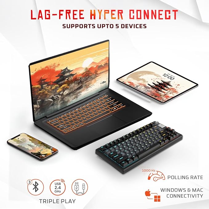 Wireless Mechanical Keyboard (BT+2.4GHz+Wired) | 9 Layer Gasket Structure, Outemu Red Switches, Per-Key RGB, 1000Hz, nKey Rollover, Volume Controller | Windows Software (Black)