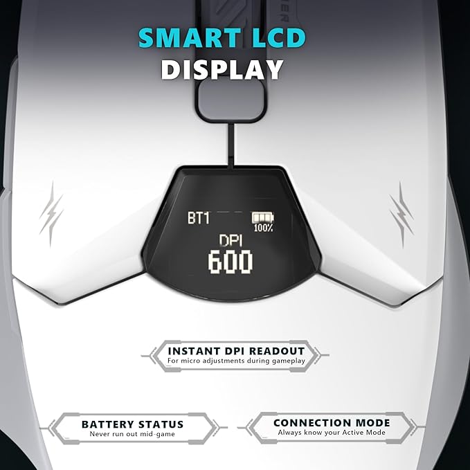 Wireless Gaming Mouse with Display Tri-Mode (2X BT,2.4G&Wired) | PixArt Sensor, 1000Hz Polling Rate, 12,000 DPI, 6 Programmable Buttons, Software Support