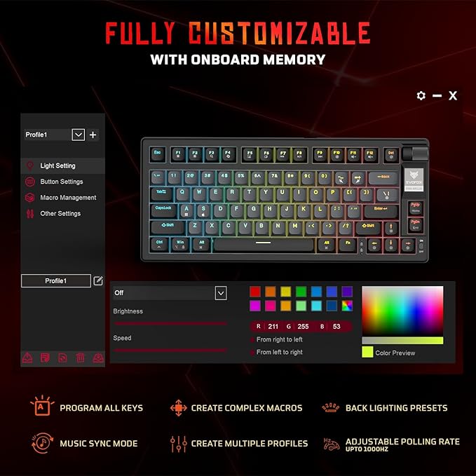 Wireless Mechanical Keyboard (BT+2.4GHz+Wired) | 9 Layer Gasket Structure, Outemu Red Switches, Per-Key RGB, 1000Hz, nKey Rollover, Volume Controller | Windows Software (Black)