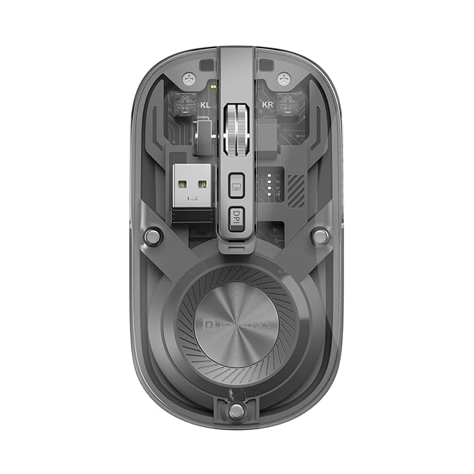 Transparent Wireless Bluetooth Mouse with Dual Wireless (BT + 2.4 GHz), Rechargeable Battery, Noise-Free Clicking, Show/Hide Desktop, Multi-Device Pair, Adjust Sensitivity