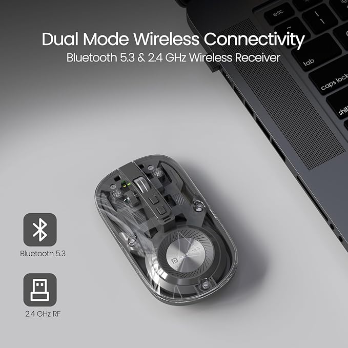 Transparent Wireless Bluetooth Mouse with Dual Wireless (BT + 2.4 GHz), Rechargeable Battery, Noise-Free Clicking, Show/Hide Desktop, Multi-Device Pair, Adjust Sensitivity