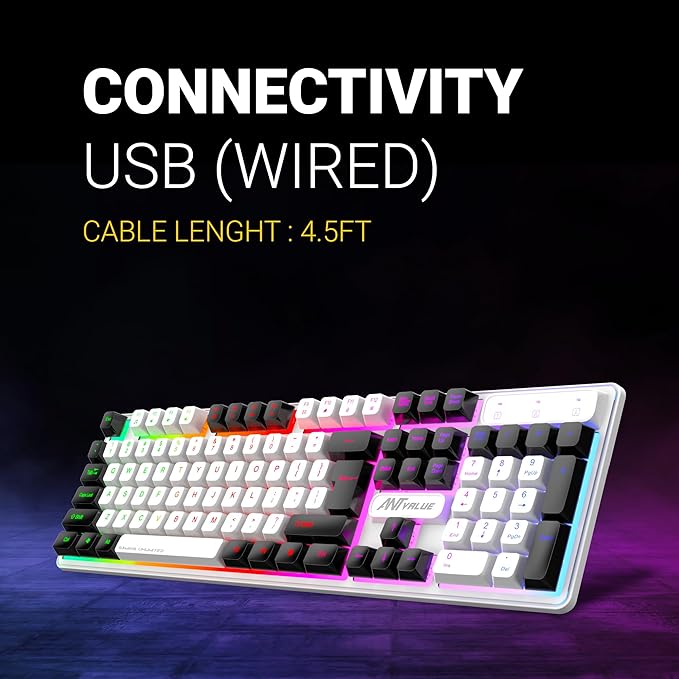 Wired Membrane Gaming Keyboard –with Backlit RGB LED, USB-A Connection, Quiet Keystrokes, 12 Multimedia Function Keys - for Computer, PC, Desktop, Gamer– 1 Year Warranty–Mercury