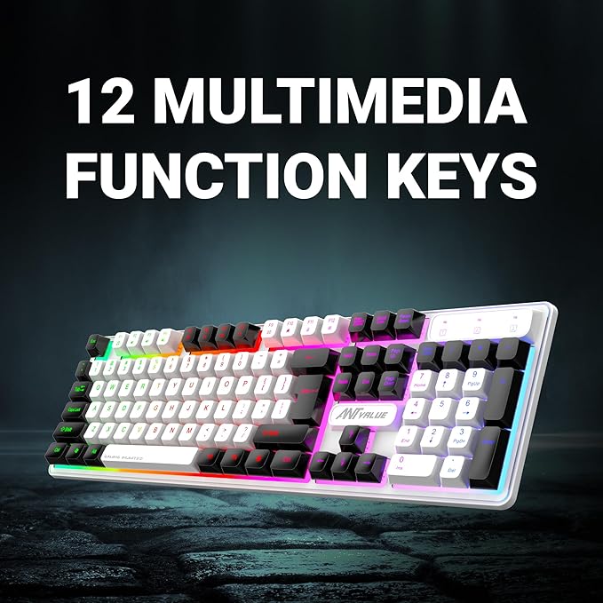 Wired Membrane Gaming Keyboard –with Backlit RGB LED, USB-A Connection, Quiet Keystrokes, 12 Multimedia Function Keys - for Computer, PC, Desktop, Gamer– 1 Year Warranty–Mercury