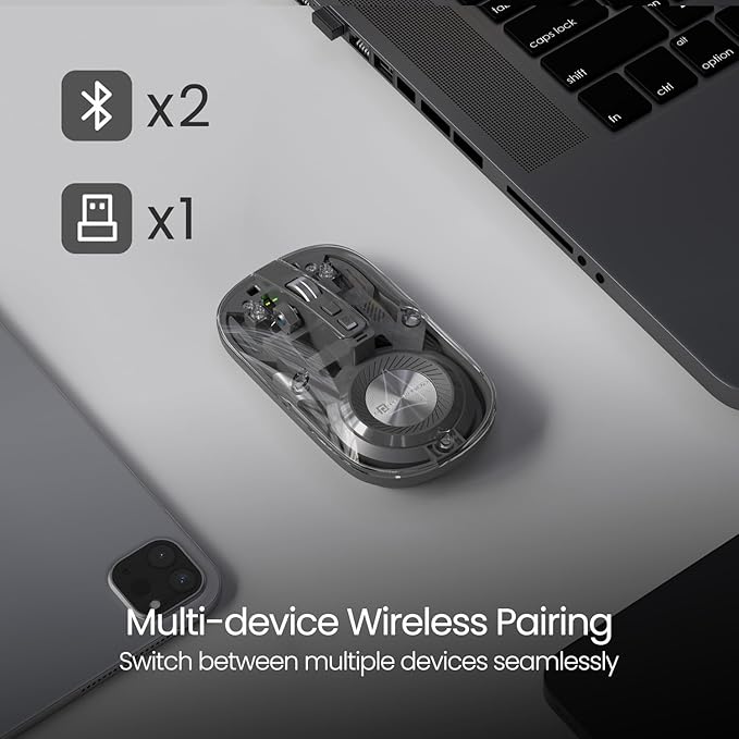 Transparent Wireless Bluetooth Mouse with Dual Wireless (BT + 2.4 GHz), Rechargeable Battery, Noise-Free Clicking, Show/Hide Desktop, Multi-Device Pair, Adjust Sensitivity