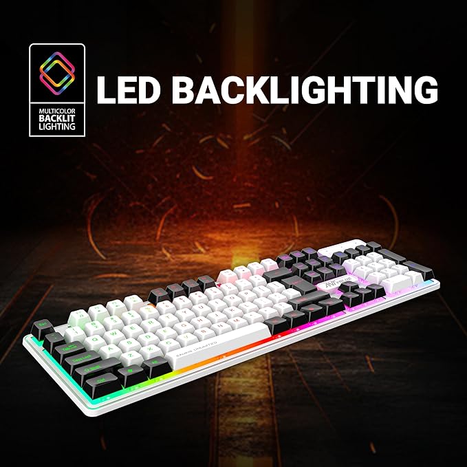 Wired Membrane Gaming Keyboard –with Backlit RGB LED, USB-A Connection, Quiet Keystrokes, 12 Multimedia Function Keys - for Computer, PC, Desktop, Gamer– 1 Year Warranty–Mercury
