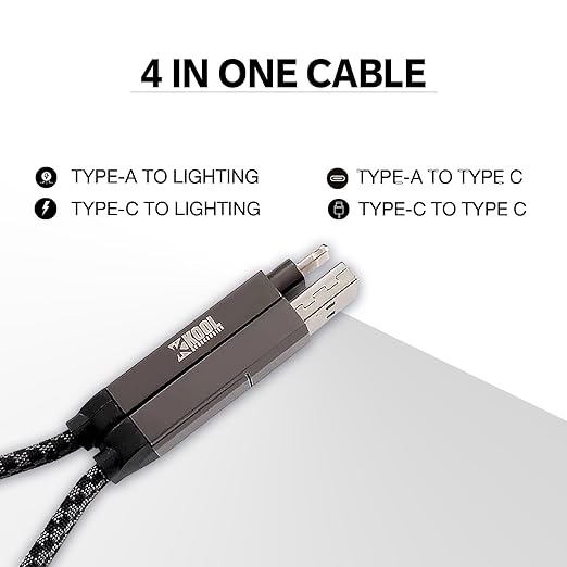Power Cable 10 | 4 in One Multi Functional Cable with High Data Transfer Speed and 65 Watt Fast Charging | one cable for Iphone, Android or Laptop