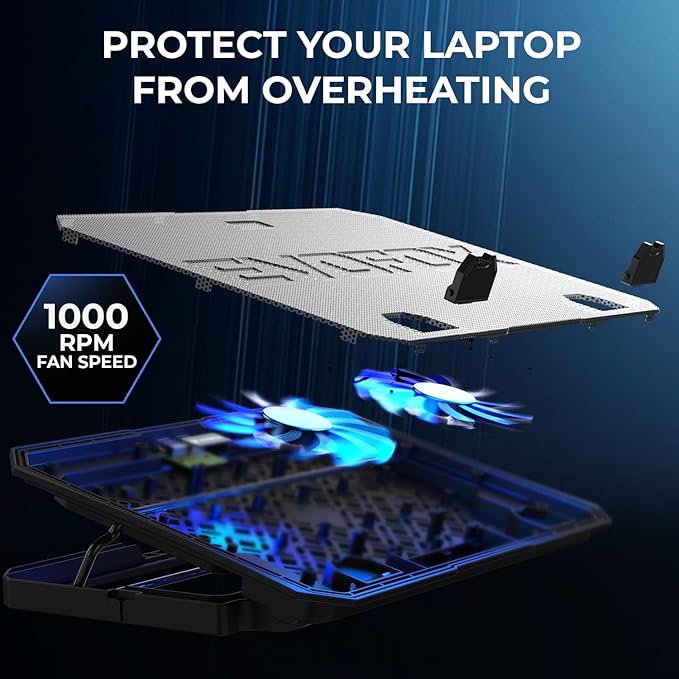 Laptop Cooling Pad with 1000 RPM 2X Silent Fans, 5 Adjustable Angles, LED Lights, Durable Metal Mesh Surface, Ergonomic Stand for Laptops up to 15.6 inches