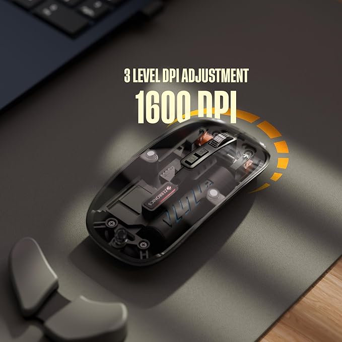 Wireless Mouse, Dual Mode (2.4GHz + BT), Upto 1600 DPI, Silent Operation, 5 Buttons, Type-C Charging, Comfortable & Ergonomic, for Mac | Laptop | Computer (Black)