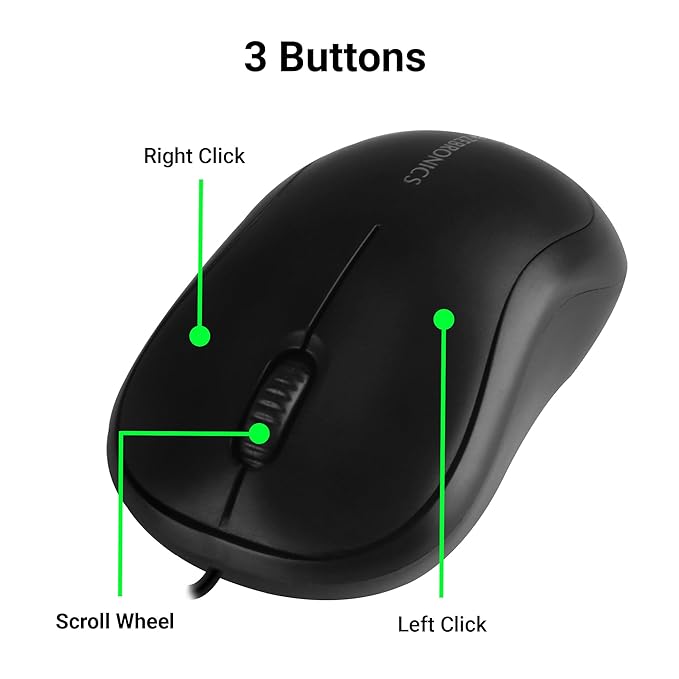 Comfort Wired USB Mouse, 3-Button, 1000 DPI Optical Sensor, Plug & Play, for Windows/Mac, Black