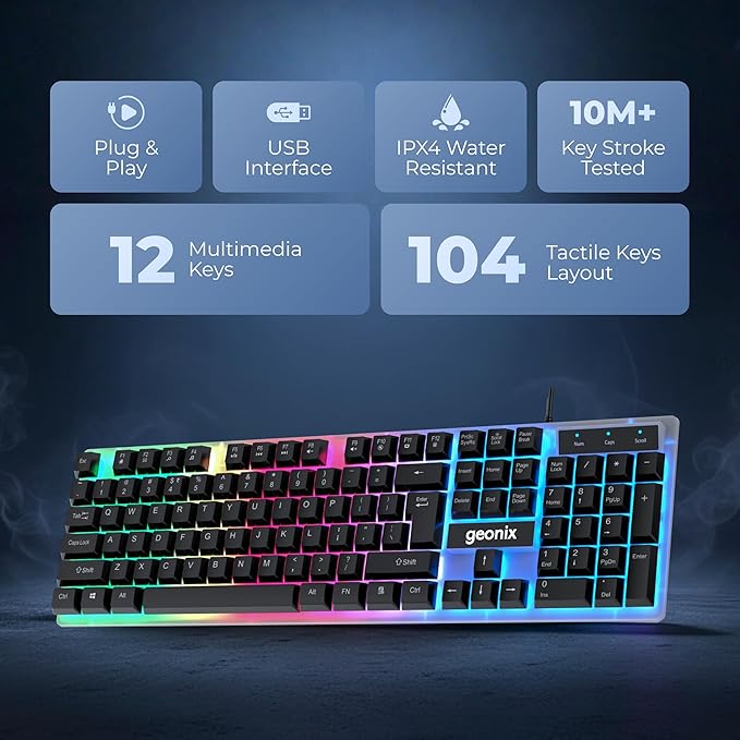 Wired Gaming Keyboard, 104 Keys, 1.5m Cable, 12 Multimedia Keys, USB Interface, RGB Colour, Plug and Play