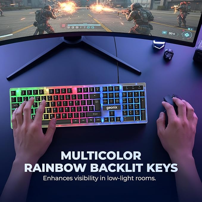 Wired Gaming Keyboard, 104 Keys, 1.5m Cable, 12 Multimedia Keys, USB Interface, RGB Colour, Plug and Play