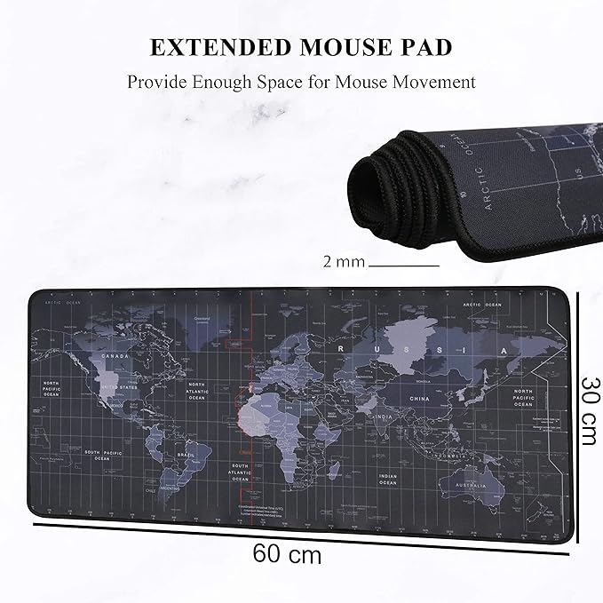 Large Extended Mouse Pad XXL with Non-Slip Rubber Base, Stitched Edge Mouse Mat for Laptop, Computer & Desk - 60 x 30 x 0.2 cm - World Map