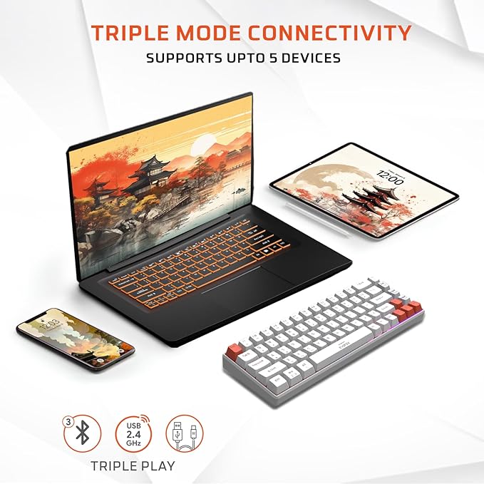 Wireless Mechanical Keyboard | Tri-Mode (3X BT, 2.4GHz & Wired) Connectivity | Hot-Swappable Red Switches | 68-Key Compact Layout | Rainbow Backlight | Rechargeable Battery