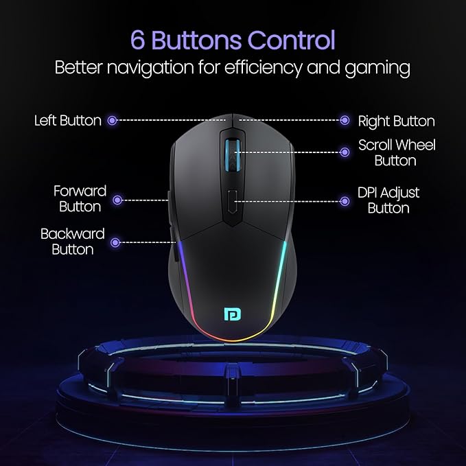 Bluetooth Mouse with 2.4 GHz & BT 5.3 Dual Wireless, 6 Buttons, Rechargeable, RGB Lights, Connect 3 Devices, Ergonomic Design for Laptop, Smartphone, Tablet
