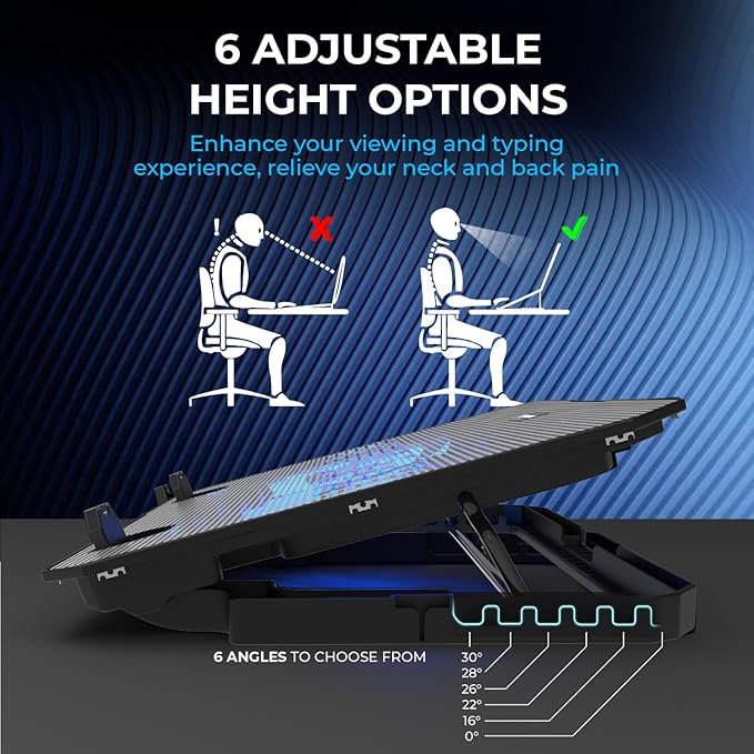 Laptop Cooling Pad with 1000 RPM 2X Silent Fans, 5 Adjustable Angles, LED Lights, Durable Metal Mesh Surface, Ergonomic Stand for Laptops up to 15.6 inches