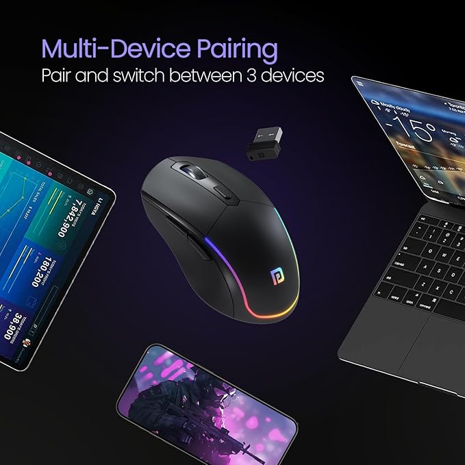 Bluetooth Mouse with 2.4 GHz & BT 5.3 Dual Wireless, 6 Buttons, Rechargeable, RGB Lights, Connect 3 Devices, Ergonomic Design for Laptop, Smartphone, Tablet