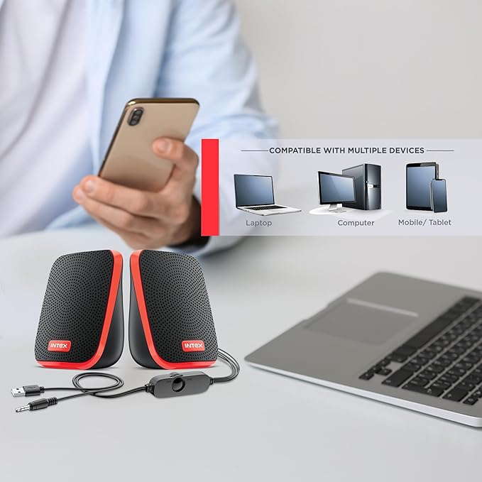 2.0 USB Computer Multimedia Speaker, 10W Powerful Sound, USB Powered, 3.5mm Aux Connectivity, in-Line Volume Control Pod for PC, Laptops, Desktop & Mobiles – Orange