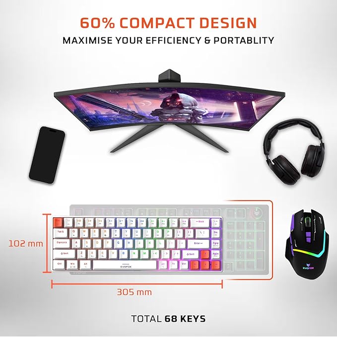 Wireless Mechanical Keyboard | Tri-Mode (3X BT, 2.4GHz & Wired) Connectivity | Hot-Swappable Red Switches | 68-Key Compact Layout | Rainbow Backlight | Rechargeable Battery