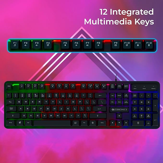 Premium Gaming Keyboard with 104 Keys, 1.7m Cable, Laser Keycaps, Multi Color LED Modes, Integrated Multimedia Keys, All Keys Enable/Disable Function