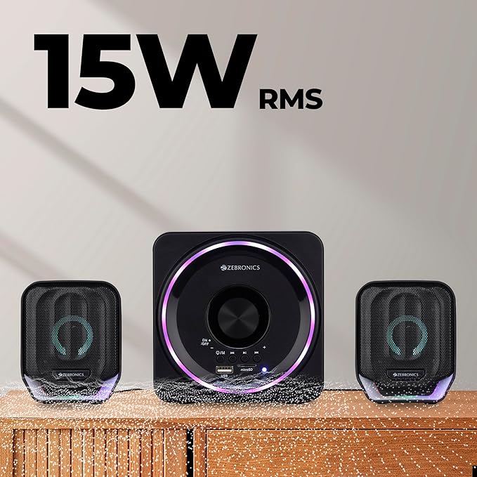 Desktop Speaker with 15 watts Output, Bluetooth 5.0, USB, mSD, FM, 3.5mm Jack Line Input, Inbuilt Volume Control, USB Powered, RGB Lights