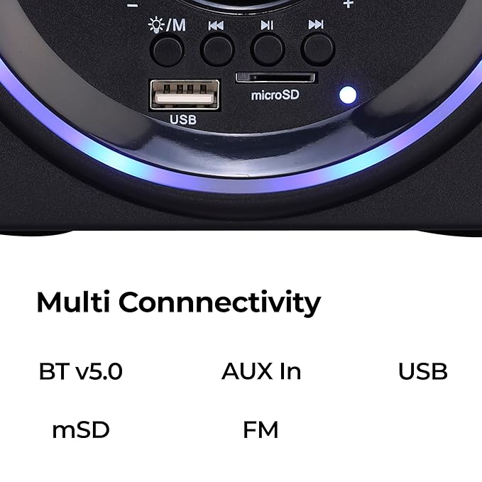 Desktop Speaker with 15 watts Output, Bluetooth 5.0, USB, mSD, FM, 3.5mm Jack Line Input, Inbuilt Volume Control, USB Powered, RGB Lights