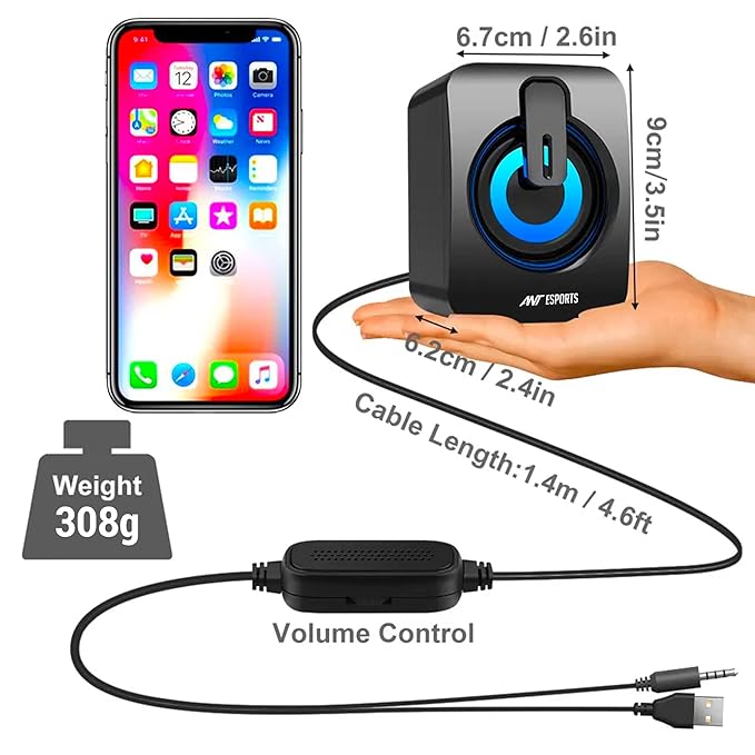 Gaming Speaker for PC, Stereo 2.0 USB Powered Desktop Speaker with 3.5 mm Aux-in, in-line Volume Control, RGB LED Lights Mini Multimedia Speakers for PC, Laptop, Tablet, Cellphone