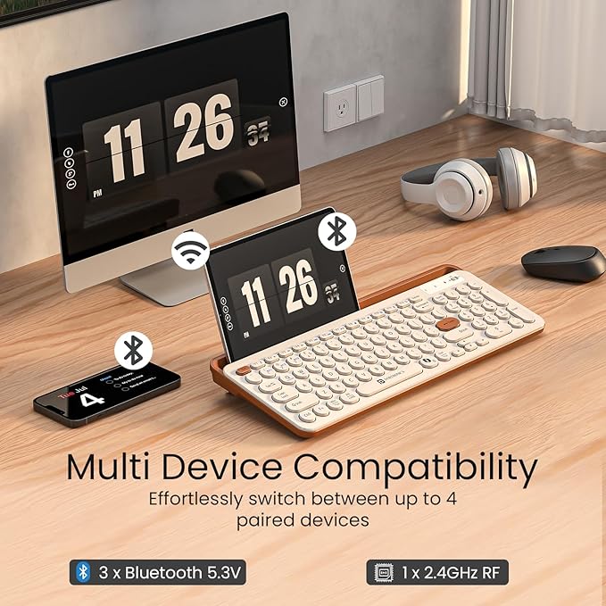 Wireless Keyboard with Bluetooth + 2.4 GHz USB Receiver, Rechargeable Battery, Dual Height Adjustment, Multimedia Hotkeys with Numpad, for Laptop, PC, Smartphone, Tablet(Beige)