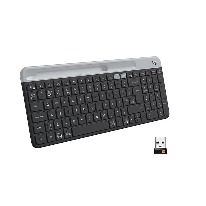 Slim Multi-Device Wireless Keyboard – Bluetooth/Receiver, Compact, Easy Switch, 24 Month Battery, Win/Mac, Desktop, Tablet, Smartphone, Laptop Compatible - Graphite