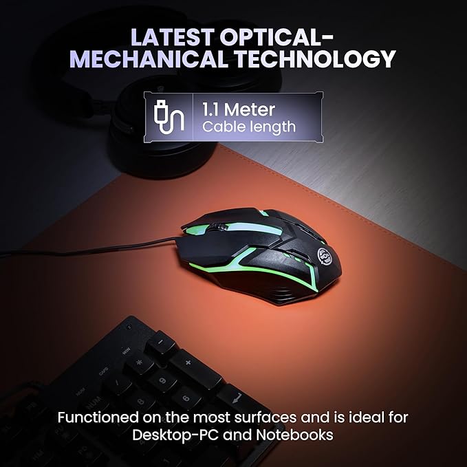 Wired USB Optical Gaming Mouse, 1000 DPI Precision | Ergonomic Gaming Design with LED Light, 3 Buttons, Plug & Play, 1.1m Cable, Lightweight USB mouse for PC, Laptop, Mac & Windows (Black)