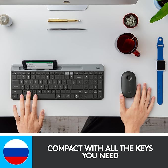 Slim Multi-Device Wireless Keyboard – Bluetooth/Receiver, Compact, Easy Switch, 24 Month Battery, Win/Mac, Desktop, Tablet, Smartphone, Laptop Compatible - Graphite