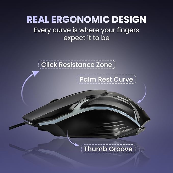 Wired USB Optical Gaming Mouse, 1000 DPI Precision | Ergonomic Gaming Design with LED Light, 3 Buttons, Plug & Play, 1.1m Cable, Lightweight USB mouse for PC, Laptop, Mac & Windows (Black)