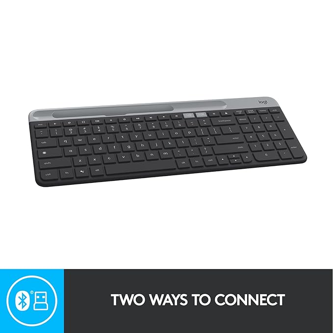Slim Multi-Device Wireless Keyboard – Bluetooth/Receiver, Compact, Easy Switch, 24 Month Battery, Win/Mac, Desktop, Tablet, Smartphone, Laptop Compatible - Graphite