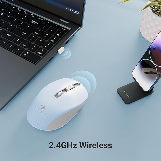 Wireless Mouse, 2.4GHz with USB Nano Receiver, High Precision Optical Tracking, 4 Buttons, Plug & Play, Ambidextrous, for PC/Mac/Laptop (Light Blue+Grey)