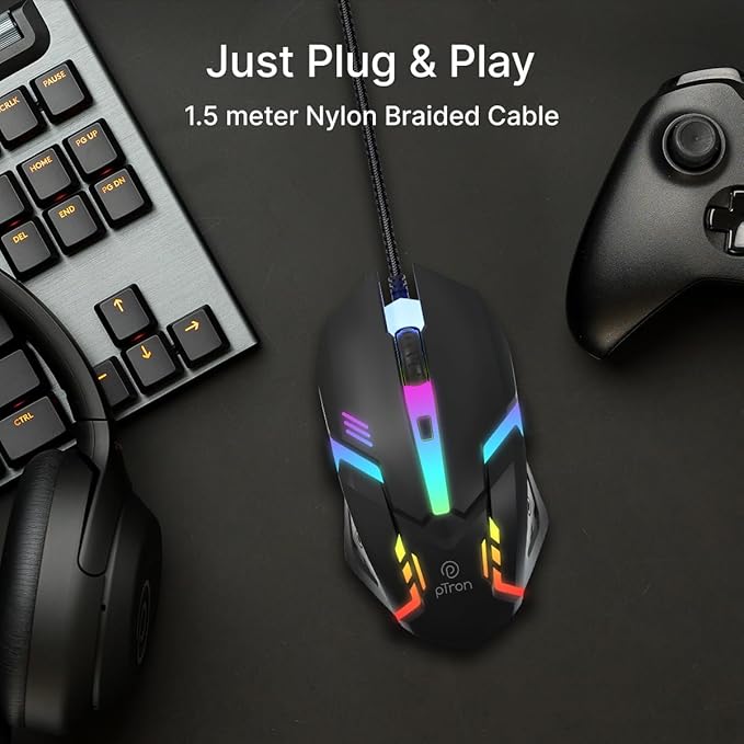 Wired USB Mouse with 4 Buttons, 1600 DPI Optical Sensor, Precision Tracking, RGB Lights, 4 Adjustable DPI, Plug & Play Use, Ergonomic Design, for Windows OS (Black)