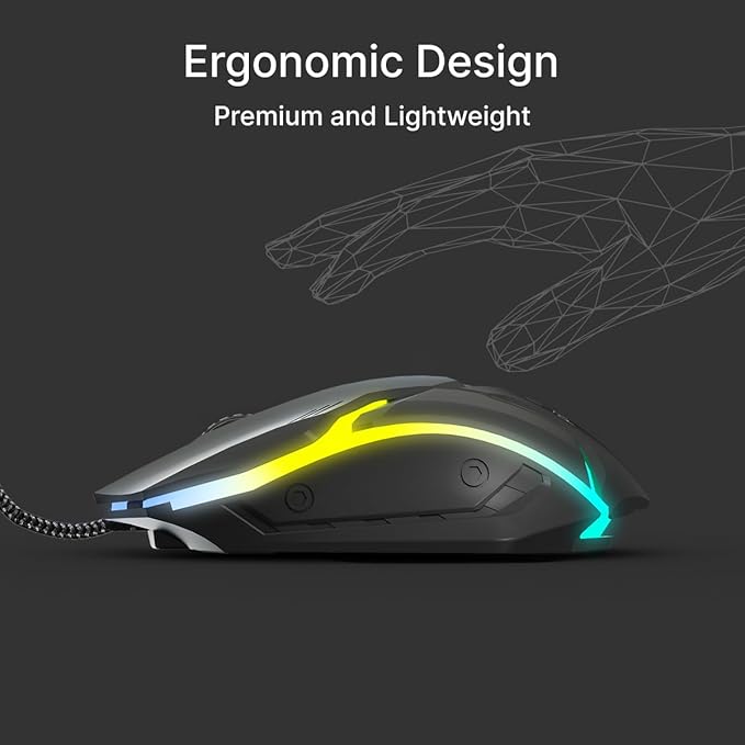 Wired USB Mouse with 4 Buttons, 1600 DPI Optical Sensor, Precision Tracking, RGB Lights, 4 Adjustable DPI, Plug & Play Use, Ergonomic Design, for Windows OS (Black)