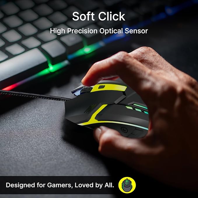 Wired USB Mouse with 4 Buttons, 1600 DPI Optical Sensor, Precision Tracking, RGB Lights, 4 Adjustable DPI, Plug & Play Use, Ergonomic Design, for Windows OS (Black)