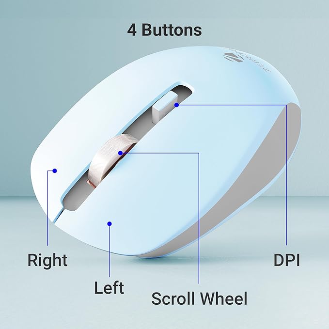 Wireless Mouse, 2.4GHz with USB Nano Receiver, High Precision Optical Tracking, 4 Buttons, Plug & Play, Ambidextrous, for PC/Mac/Laptop (Light Blue+Grey)