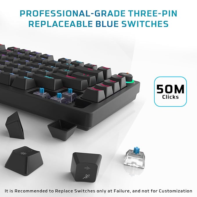 Mechanical Gaming Keyboard | 3‑Pin Replaceable Clicky Blue Switches, Dynamic Backlighting, All Keys Anti‑Ghosting, Volume Knob, Copilot, Xbox Gamebar, Screenshot & More (Black)