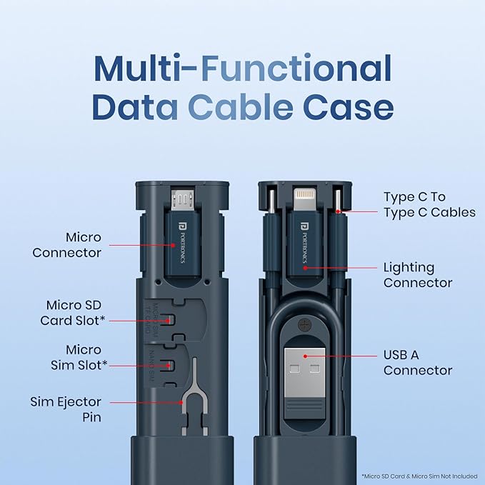 Snapcase 3 60W Multifunctional Fast Charging Data Cable Kit, Conversion Set USB A & Type C to Male Micro/Type C/Lightning, Data Transfer, Sim Storage, Sim Eject Pin, Pocket Size