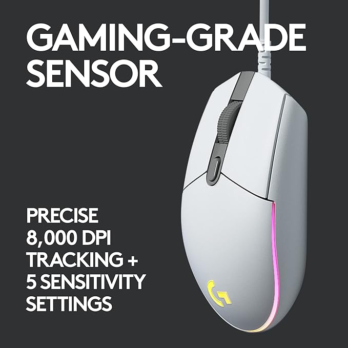 Light Sync Gaming Mouse with Customizable RGB Lighting, 6 Programmable Buttons, Gaming Grade Sensor, 8K DPI Tracking,16.8mn Color, Light Weight - White