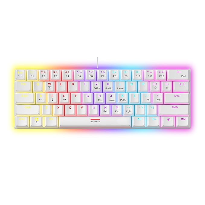 Mini 60% Wired Mechanical Gaming Keyboard – Red Switch, Rainbow Backlit, 61 Keys, Anti-Ghosting, USB, Compact TKL – Compatible with Windows, macOS, PS5, Xbox, Laptop & PC (White)