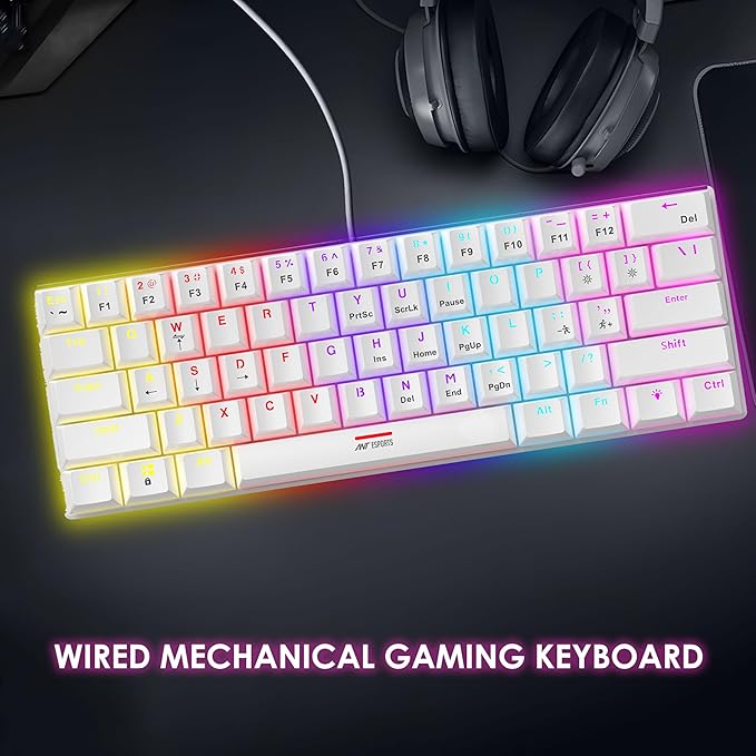 Mini 60% Wired Mechanical Gaming Keyboard – Red Switch, Rainbow Backlit, 61 Keys, Anti-Ghosting, USB, Compact TKL – Compatible with Windows, macOS, PS5, Xbox, Laptop & PC (White)