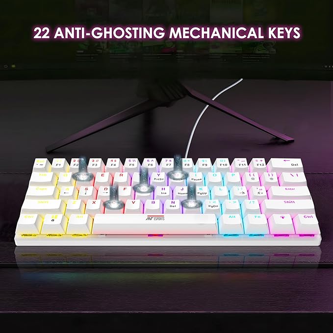 Mini 60% Wired Mechanical Gaming Keyboard – Red Switch, Rainbow Backlit, 61 Keys, Anti-Ghosting, USB, Compact TKL – Compatible with Windows, macOS, PS5, Xbox, Laptop & PC (White)