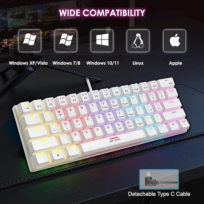 Mini 60% Wired Mechanical Gaming Keyboard – Red Switch, Rainbow Backlit, 61 Keys, Anti-Ghosting, USB, Compact TKL – Compatible with Windows, macOS, PS5, Xbox, Laptop & PC (White)