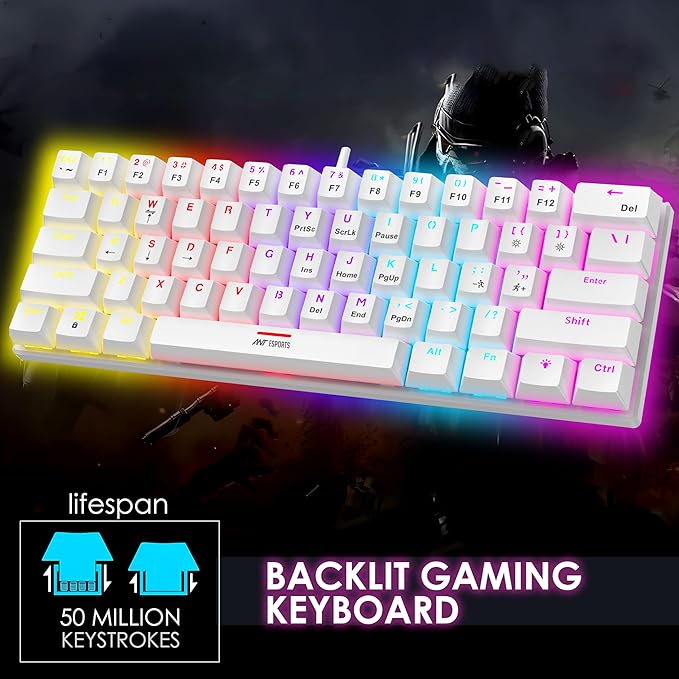 Mini 60% Wired Mechanical Gaming Keyboard – Red Switch, Rainbow Backlit, 61 Keys, Anti-Ghosting, USB, Compact TKL – Compatible with Windows, macOS, PS5, Xbox, Laptop & PC (White)